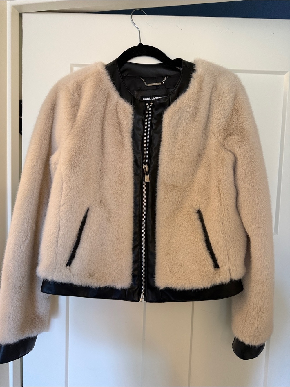 Karl Lagerfeld Cream Faux-Fur Teddy Jacket with Black Trim